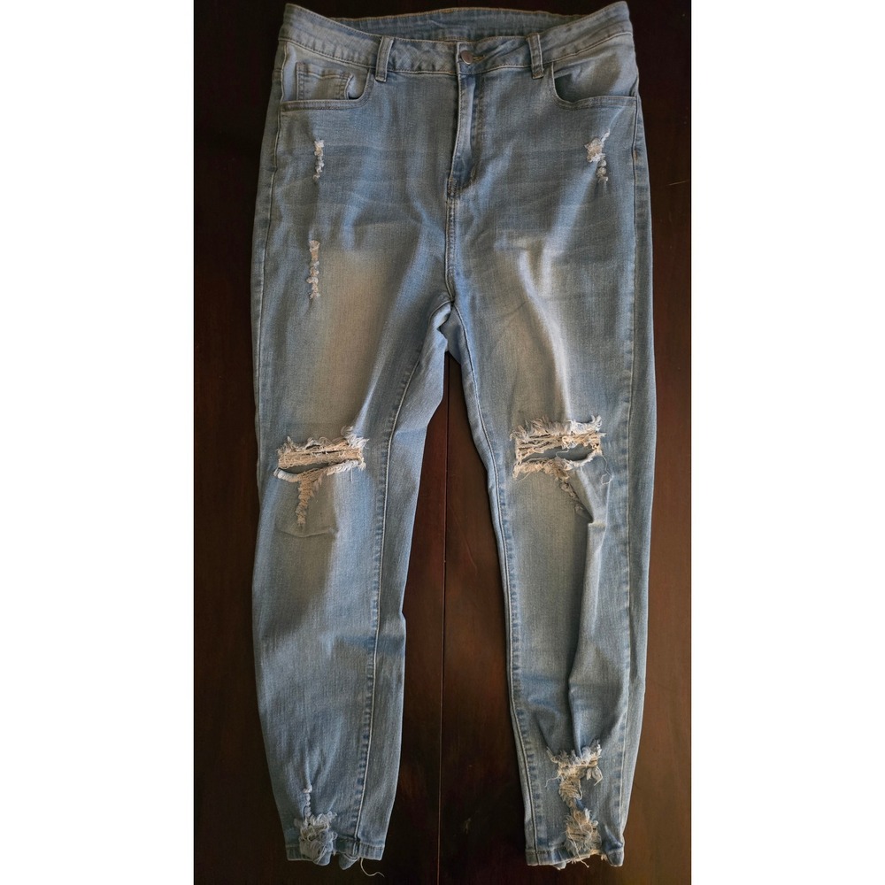 High Waisted Distressed Skinny Jeans Light Wash Ripped Knee Frayed Hem 34x26